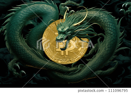 Emerald green dragon encircles Bitcoin. Symbol of the new year 2024. Chinese New Year 111096795