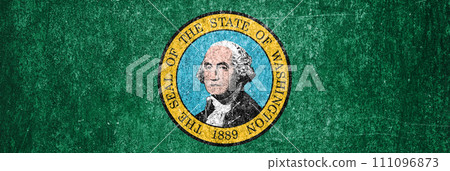 Banner of the Washington State grunge flag. Dirty Washington State flag on a metal surface. 111096873