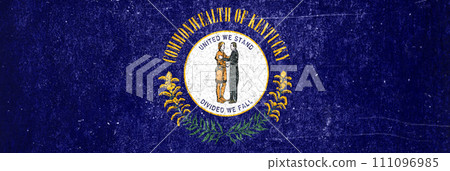 Banner of the grunge Kentucky state flag. Dirty Kentucky state flag on a metal surface. Banner of the grunge Kentucky state flag. Dirty Kentucky state flag on a metal surface. 111096985