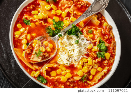 lasagna soup with ground beef, corn, tomato paste lasagna soup with ground beef, corn, tomato paste 111097021