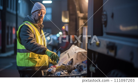 AI-generated content. Worker of urban municipal recycling garbage collector truck loading waste and trash bin 111097203