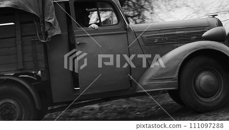 German truck fast mooving Black And White. 111097288