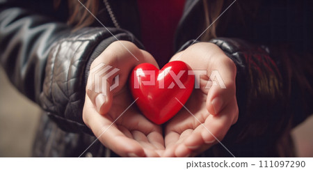 Banner with heart in woman's palms. Greeting card with hearts for Valentine's Day, Women's Day, birthday, birth of children, wedding, anniversary Banner with heart in woman's palms. Greeting card with hearts for Valentine's Day, Women's Day, birthday, birth of children, wedding, anniversary 111097290