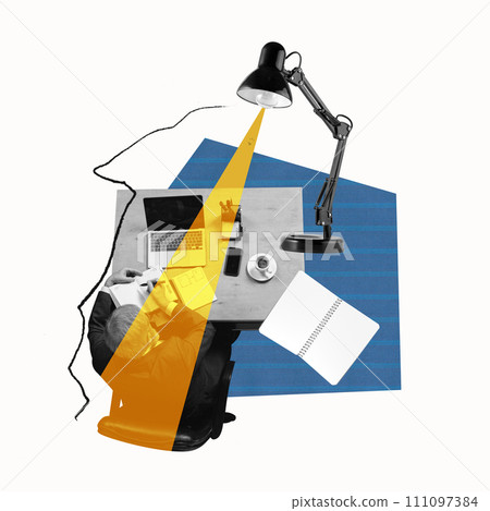 Senior businessman sitting at table, workplace in his office, working with laptop, making plan and to do list on notebook. Contemporary art collage. 111097384