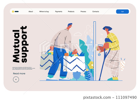 Mutual Support Buying groceries for ill neighbor -modern flat vector concept illustration of man carrying shopping bags for woman on crutches Metaphor of voluntary, collaborative exchanges of services 111097490