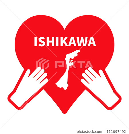 Ishikawa prefecture map in heart and both hands_red solid 111097492