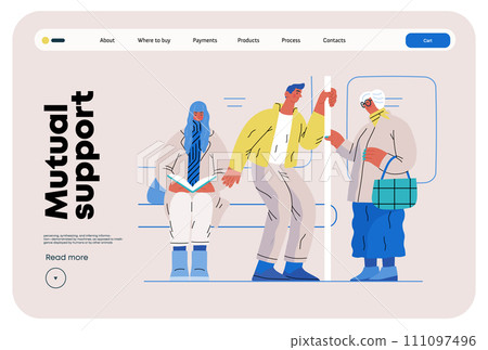 Mutual Support Giving up seat in public transport -modern flat vector concept illustration of man offering his seat to elderly woman on bus A metaphor of voluntary, collaborative exchanges of services 111097496