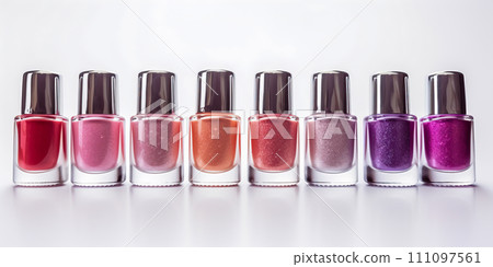 Banner with colorful bottles of nail polish on white background top view close up.Row of nail polishes for manicure with color transition.Selecting nail polish color for a nail salon and store, design 111097561