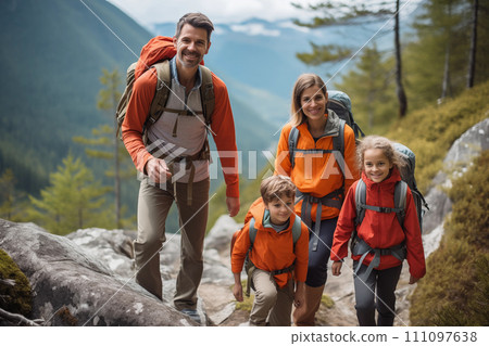 Portrait of a happy family of four hiking together in the mountains 111097638