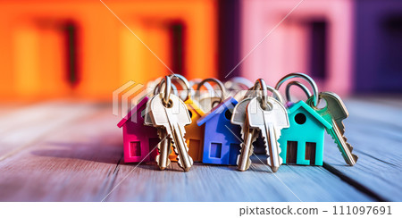Banner with house keys with wooden colorful keychains in house shape close-up on wooden background for buying, renting an apartment, a house. Concept for housewarming, real estate sale, construction 111097691