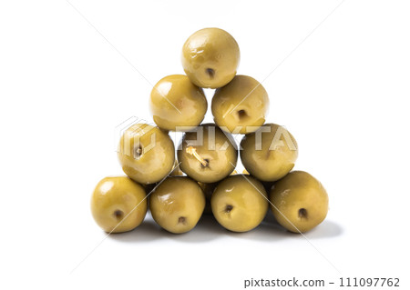 Green olives isolated on white background. Green olives isolated on white background. 111097762