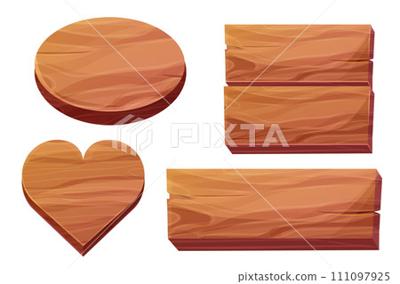 Set wooden planks with wood texture oval, heart in cartoon style isolated on white background. Board, game ui element, frame, decoration. 111097925
