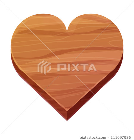 Wooden heart shape plank with wood texture in cartoon style isolated on white background. Board, game ui element, frame, decoration. Wooden heart shape plank with wood texture in cartoon style isolated on white background. Board, game ui element, frame, decoration. 111097926