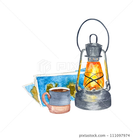 Watercolor vintage lantern map and mug composition isolated on white. Watercolor vintage lantern map and mug composition isolated on white. 111097974
