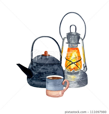 Watercolor camping kettle lantern mug composition isolated on white 111097980