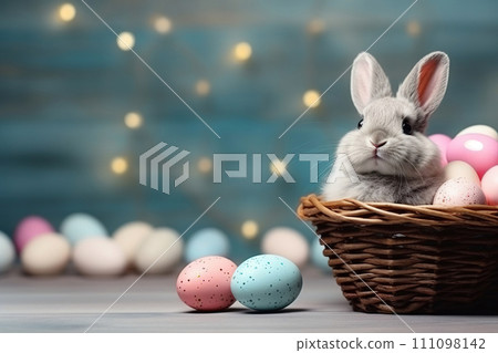 Festive Easter background with colored eggs and cute easter bunny in the basket on a wooden table. 111098142
