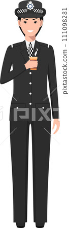 Standing British Policewoman Officer with Cup of Coffee in Traditional Uniform Character Icon in Flat Style. Vector Illustration. 111098281