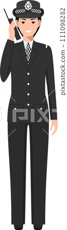 Standing British Policewoman Officer with Walkie-Talkie in Traditional Uniform Character Icon in Flat Style. Vector Illustration. 111098282