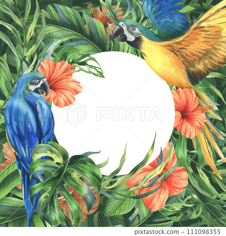 Tropical palm leaves, monstera and flowers of hibiscus, bright juicy with blue-yellow macaw parrot. Hand drawn watercolor botanical illustration. template, frame isolated from the background. 111098355