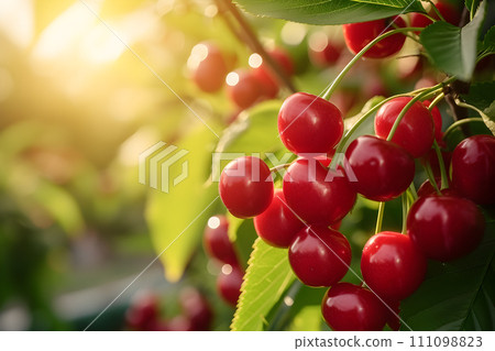 AI-generated content. Farming concept - cherries growing on bunch AI-generated content. Farming concept - cherries growing on bunch 111098823