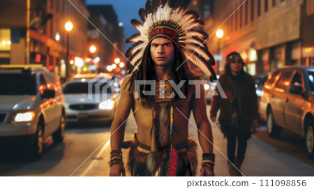 native american chief wearing feathers costume walking in the street downtown nightlife party 111098856