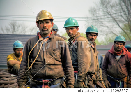 construction worker team hard hat helmet group of employees taking a break together 111098857