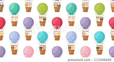 Cute little animals fly on hot air balloons seamless childish pattern. Funny cartoon animal character for fabric, wrapping, textile, wallpaper, apparel. Vector illustration 111098899