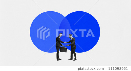 Poster. Contemporary art collage. Two businessmen shaking hands in front of overlapping blue circles, symbolizing merger or partnership. Poster. Contemporary art collage. Two businessmen shaking hands in front of overlapping blue circles, symbolizing merger or partnership. 111098961