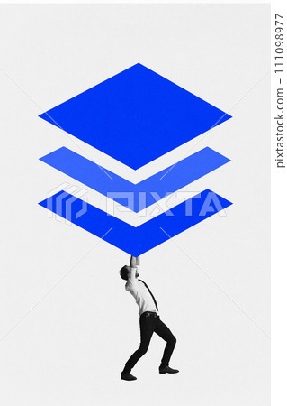 Modern aesthetic artwork. Man holding up series of oversized blue rhombuses, depicting support and structure. Modern aesthetic artwork. Man holding up series of oversized blue rhombuses, depicting support and structure. 111098977