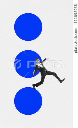 Modern aesthetic artwork. Businessman in mid-jump across three blue circles, expressing dynamism and ambition. Modern aesthetic artwork. Businessman in mid-jump across three blue circles, expressing dynamism and ambition. 111098988