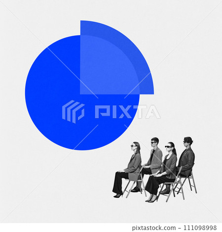 Poster. Contemporary art collage. Four people seated on director's chairs in front of large blue pie chart, representing data segments. 111098998