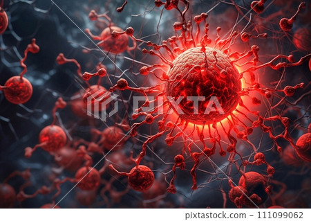 Virus in abstract background with red blood cells. 111099062
