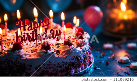 Happy Birthday, Beautiful cake with burning candles 111099216