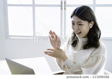 Young woman having an online meeting in the living room 111099266