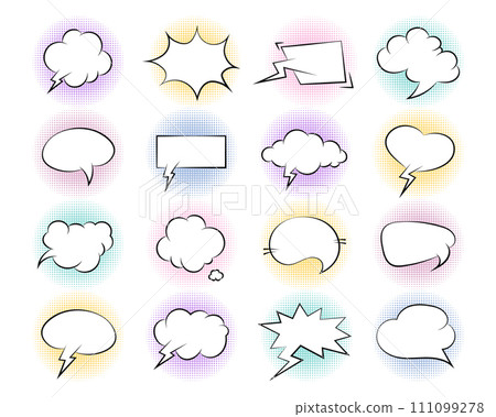 Set of comic speech bubbles. Retro empty comic bubbles with black halftone shadows. Vintage design, pop art style. Vector 111099278