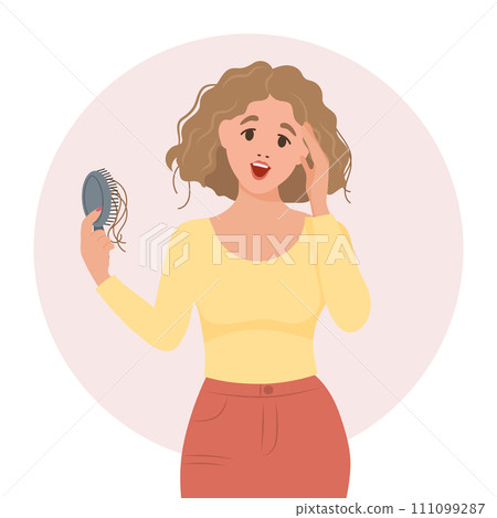 Woman with a comb in her hand. Hair loss, alopecia, hair problems, baldness. Illustration, vector 111099287