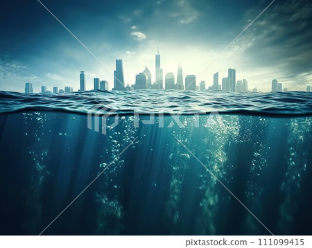 AI-generated content. Flooded city concept. City flooded after hurricane. Generative AI. 111099415