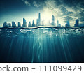 AI-generated content. Flooded city concept. City flooded after hurricane. Generative AI. 111099429