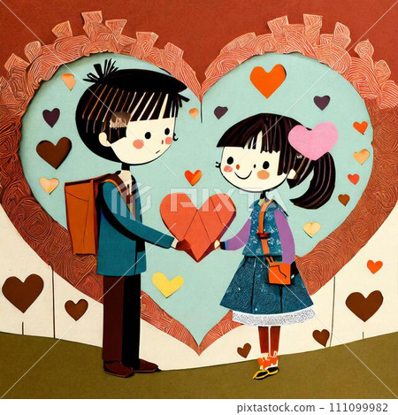 一個女孩送出情人節巧克力，一個男孩收到巧克力 111099982