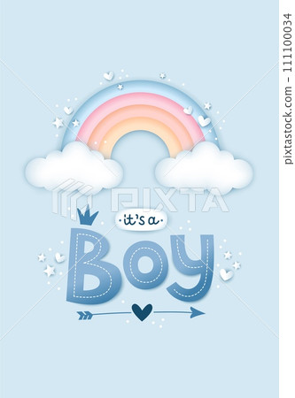 Its a boy, 3d lettering and rainbow in pastel blue colors. Baby shower card. Cute illustration in realistic style. 111100034