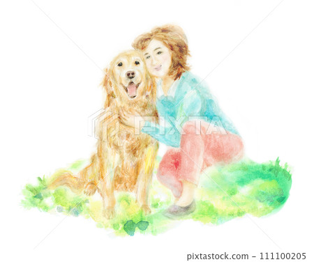 Dog and woman hand drawn 111100205