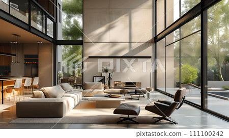 Modern living room design with large windows and natural light. contemporary interior style. perfect for real estate ads. AI 111100242