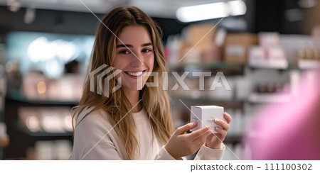 Smiling young woman shopping in a retail store. casual style, everyday life. selecting a product with joy. AI 111100302