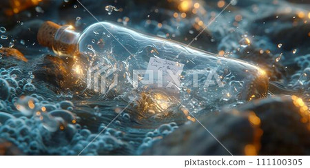Mysterious message in a bottle adrift at sea. a concept of adventure and hope. ideal for themed artworks and backgrounds. high-quality 3D illustration. AI 111100305
