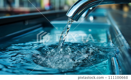 Stream of water from a chrome faucet into a basin with a blue hue. Stream of water from a chrome faucet into a basin with a blue hue. 111100668