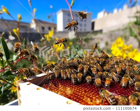 AI-generated content. A photo-realistic image of a bee hive on a rooftop. 111100674