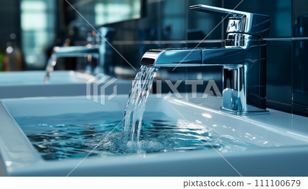 Modern faucet with running water in a sleek bathroom setting. 111100679