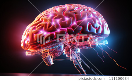 3D illustration of a human brain with glowing neural connections. 111100684