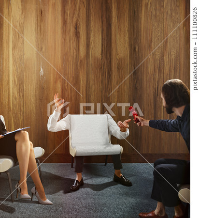 Two people sitting with invisible third person, looks as chair with hands who want to tell on retro phone between them. Right to your own opinion. Two people sitting with invisible third person, looks as chair with hands who want to tell on retro phone between them. Right to your own opinion. 111100826