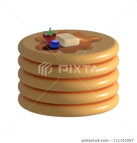 Fluffy stack of pancakes with maple syrup, butter and fresh fruit on white background 3d illustration. 111101007